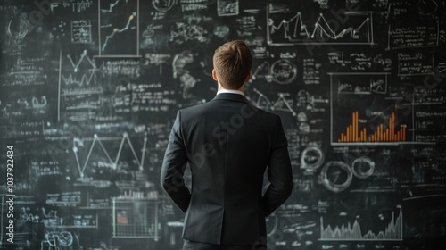 Businessman Analyzing Complex Graphs on Blackboard in Data-Driven Strategy Session