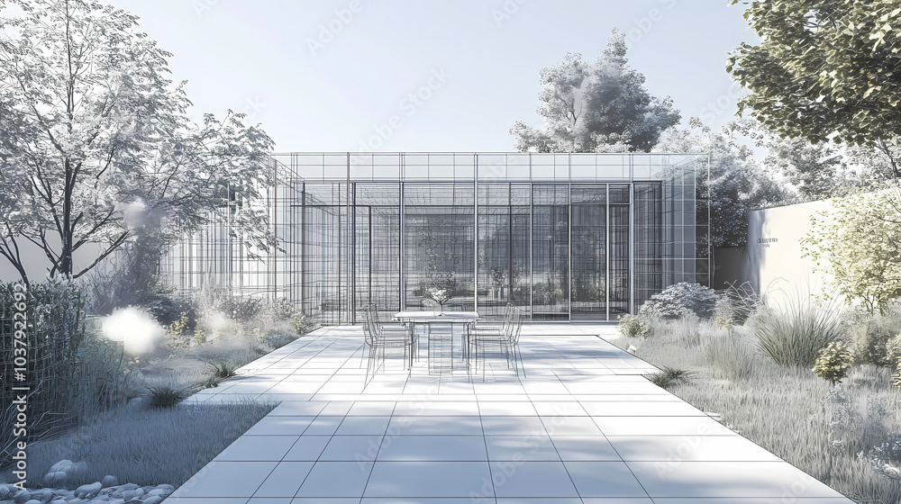 3D render of building wireframe structure. London garden in summer with patio. Abstract construction graphic idea. 3D render of building wireframe structure. London garden in summer with patio. Abstract construction graphic idea.