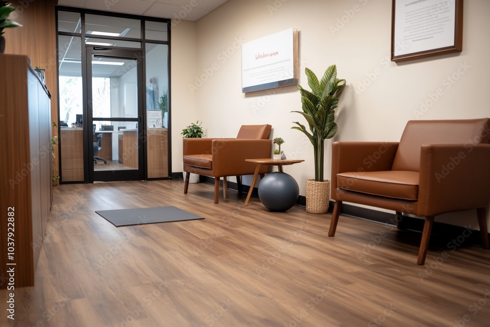 Modern office waiting area with two leather armchairs, a plant, a table, and a blue exercise ball. Modern office waiting area with two leather armchairs, a plant, a table, and a blue exercise ball.