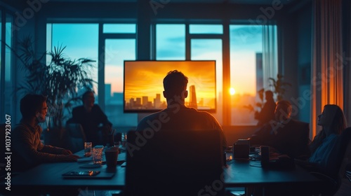 Global Virtual Business Conference: Diverse Employees on TV Screen in Luxurious Board Meeting Room photo