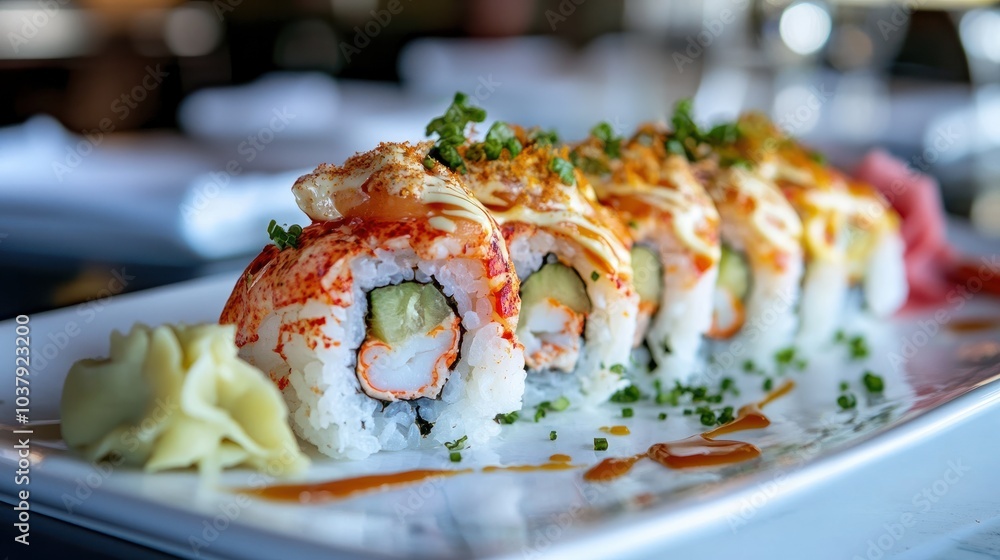 A crisp Full HD image of a lobster sushi roll, beautifully plated with wasabi and pickled ginger on the side, highlighting the fusion of flavors in a creative presentation. A crisp Full HD image of a lobster sushi roll, beautifully plated with wasabi and pickled ginger on the side, highlighting the fusion of flavors in a creative presentation.