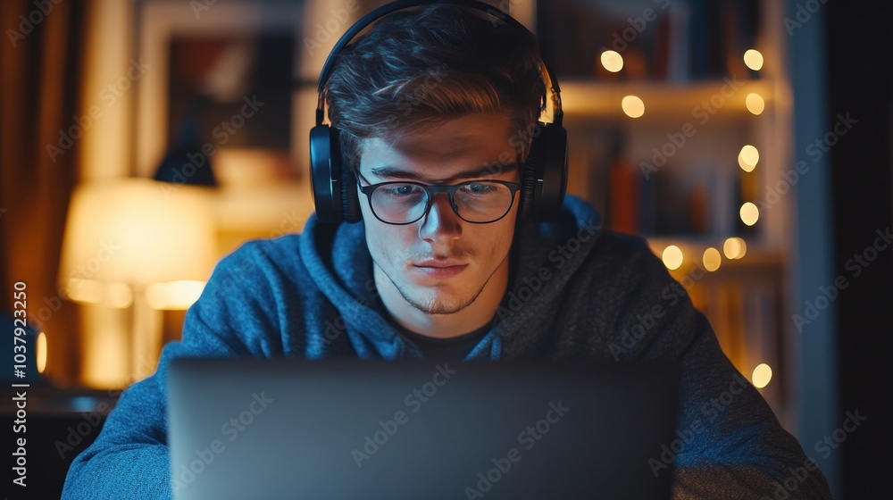 Close-up Male Student Taking Notes in Cozy Virtual Chat Meeting with Teacher via Video Call - Distance Learning Concept