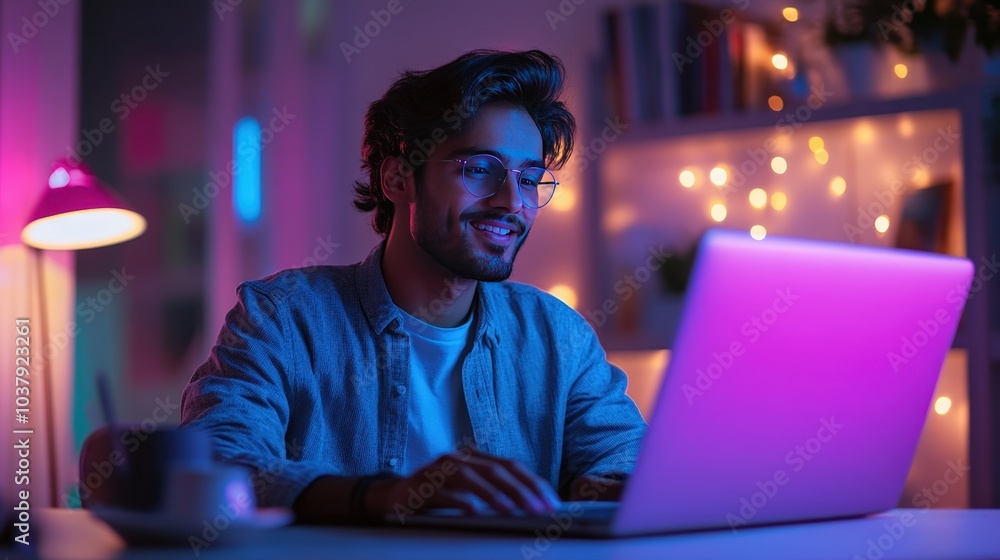 Cheerful Indian Professional Engaged in Remote Work and Study from Home Office Cheerful Indian Professional Engaged in Remote Work and Study from Home Office