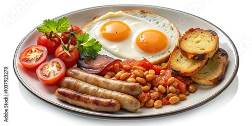 Symmetrical English breakfast with clipping path isolated on white background