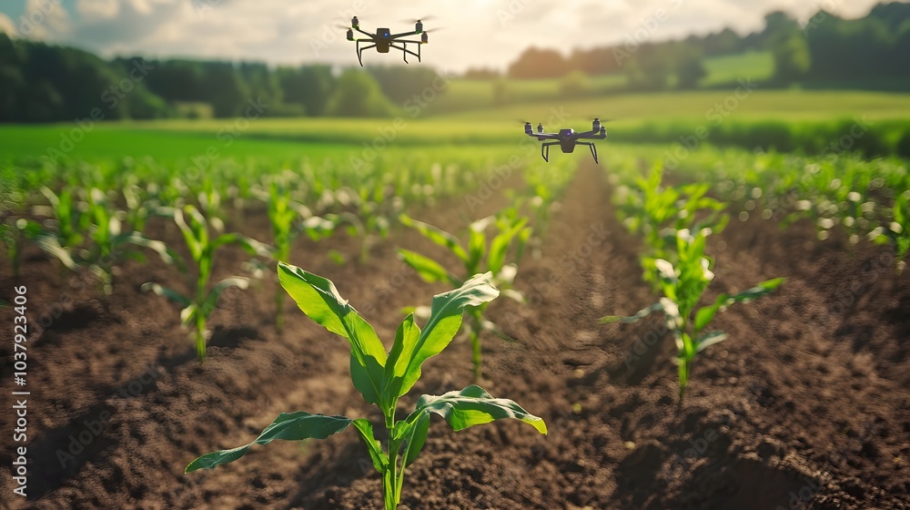 Obraz premium Growing young maize seedling in cultivated agricultural farm field with modern technology concepts.