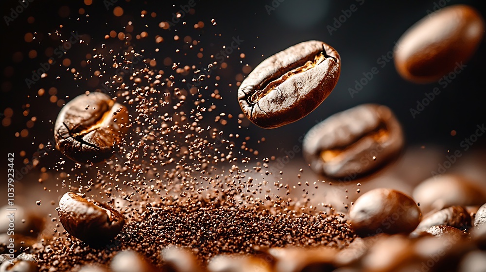 Vivid Coffee Beans Suspended in Air Amongst Fine Coffee Grounds : Generative AI Vivid Coffee Beans Suspended in Air Amongst Fine Coffee Grounds : Generative AI