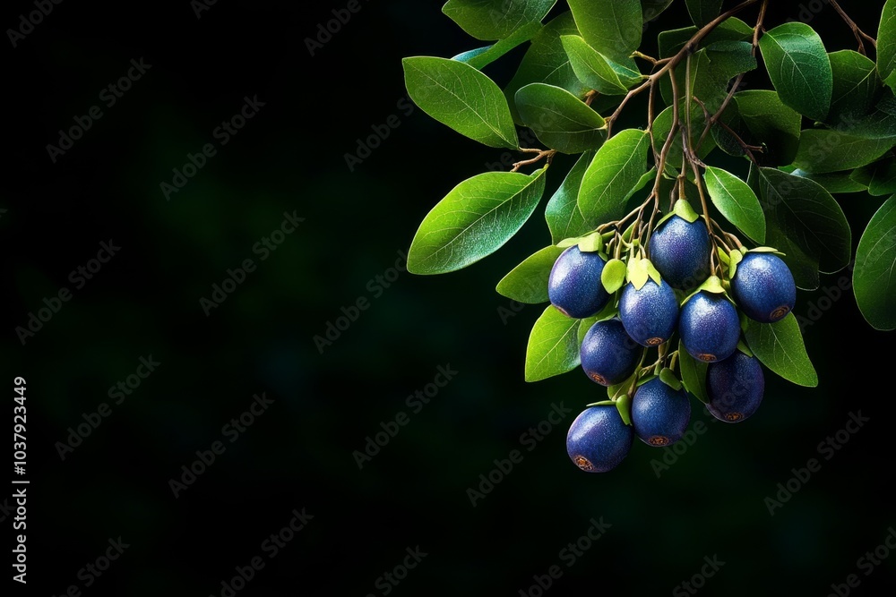 Juneberry fruit in 3D illustration style, with hyper-detailed purple berries popping out against a deep green background Juneberry fruit in 3D illustration style, with hyper-detailed purple berries popping out against a deep green background