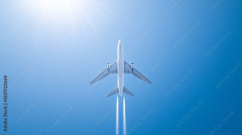 Passenger Aircraft with Contrail Ascending into Vibrant Blue Sky with Radiant Sunlight : Generative AI Passenger Aircraft with Contrail Ascending into Vibrant Blue Sky with Radiant Sunlight : Generative AI