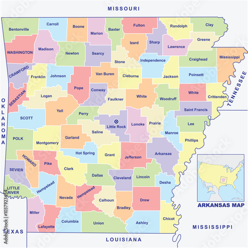 Detailed vector Illustration of Arkansas map State and District map with neighbour geographical map of Arkansas map.