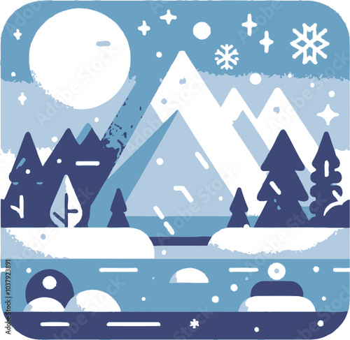 a flat vector  two-dimensional vector depiction illustrating a winter scene with a cold mountain, characterized by a flat vector style and a minimalist design against a whiteAdobe Illustrator Artwork