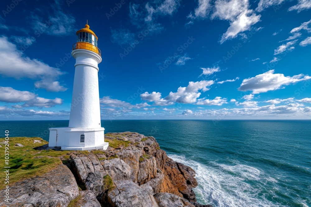Naklejka premium Lighthouse standing tall on a rocky cliff, overlooking the vast ocean, with waves crashing far below