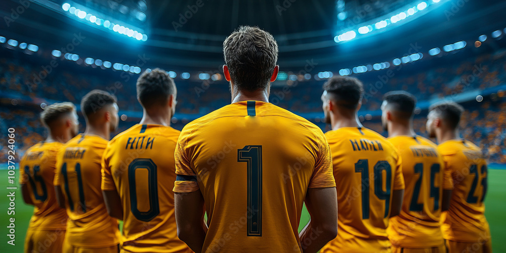 players standing next to each other very close anthem from back side wearing blank yellow tshirts