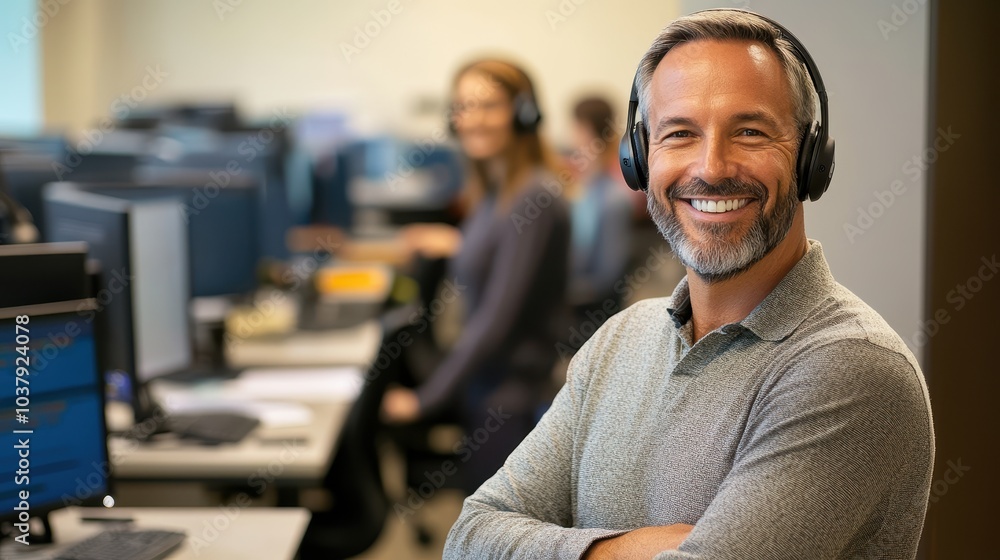 Fototapeta premium Smiling Call Center Supervisor with Headset in Office