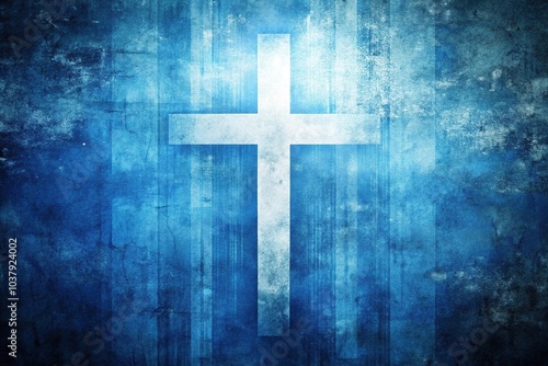 Symmetrical grungy abstract blue and white Christian themed background with a cross
