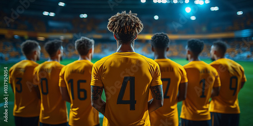 players standing next to each other very close anthem from back side wearing blank yellow tshirts