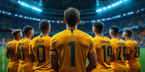 Obraz na płótnie players standing next to each other very close anthem from back side wearing blank yellow tshirts w salonie