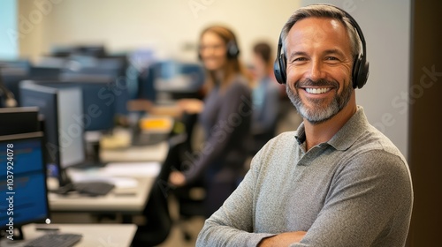 Smiling Call Center Supervisor with Headset in Office