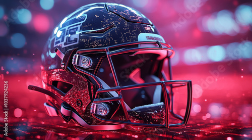 an American football helmet with numbers and symbols, set against the backdrop of digital grid lines representing field lines or data points