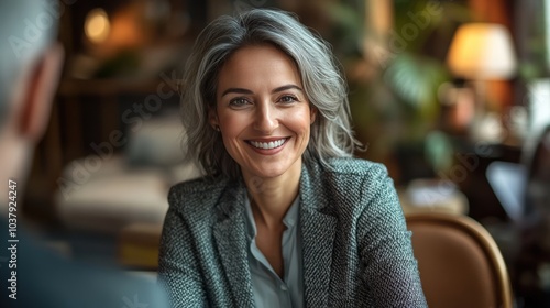 Fototapeta Naklejka Na Ścianę i Meble -  Successful Business Negotiations with Happy Mid-Aged Woman Manager in Office Meeting, Job Interview, and Contract Deal Drone View