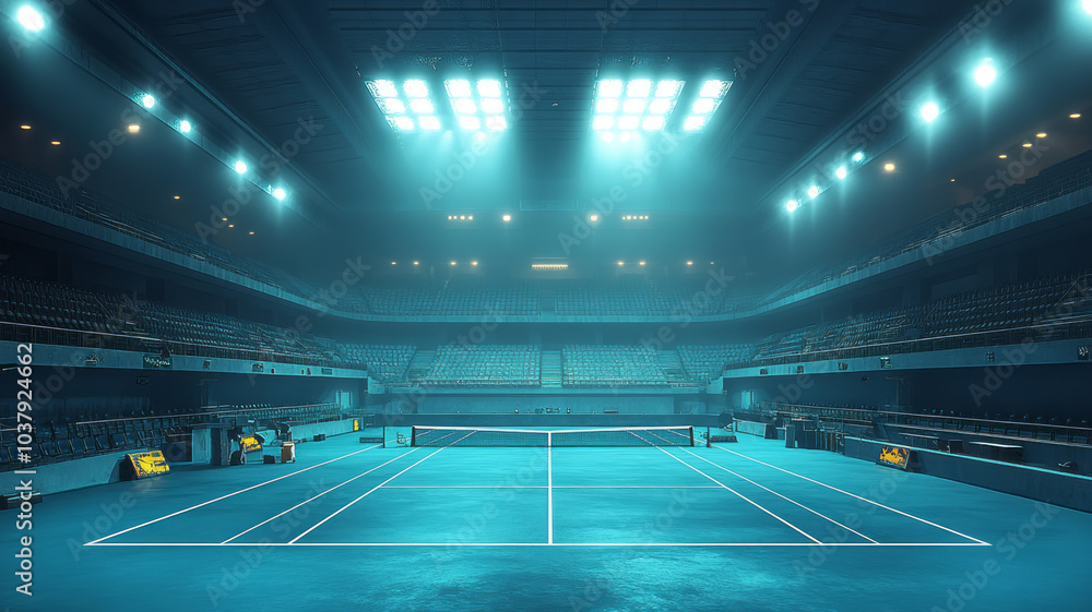 A blue tennis court inside an empty stadium with no people, A blue tennis court inside an empty stadium with no people,