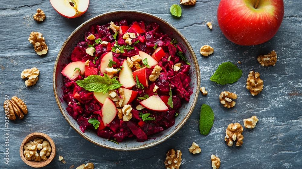 Beetroot and apple salad with walnuts, on a textured slate background with scattered walnut halves Beetroot and apple salad with walnuts, on a textured slate background with scattered walnut halves