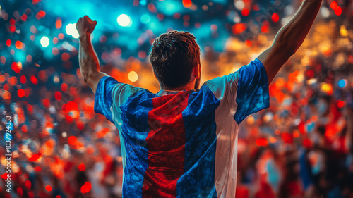 A football fan celebrating a goal in the stands.