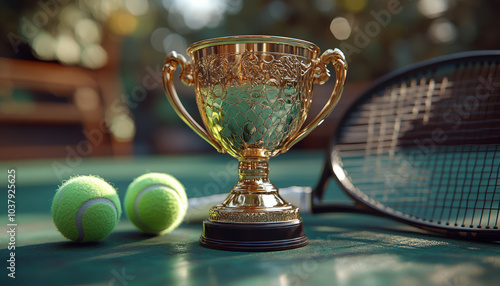 A golden trophy and tennis racket on a green court background photo