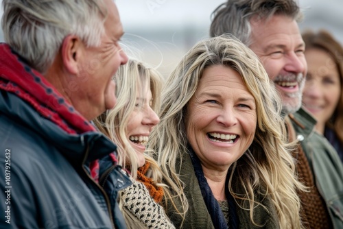 Group of senior friends having fun on the beach in autumn day.