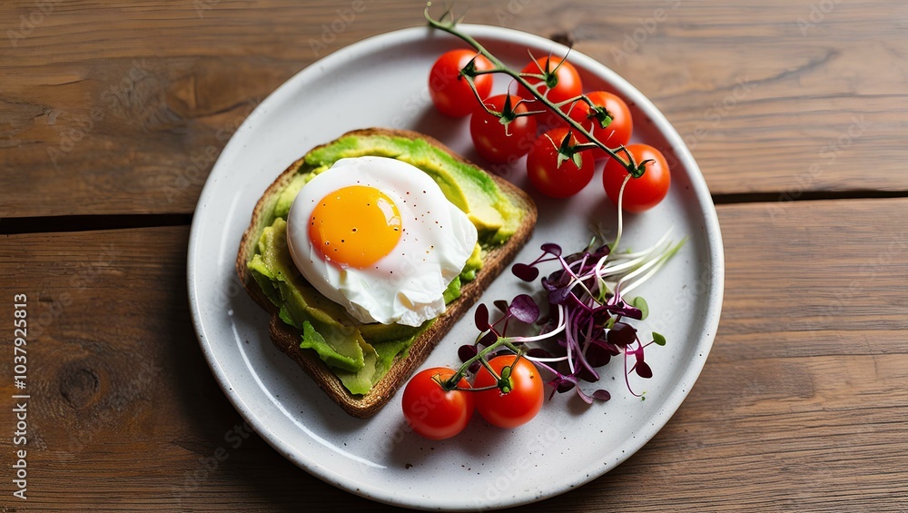 A breakfast table featuring an avocado toast topped with a poached egg. A breakfast table featuring an avocado toast topped with a poached egg.
