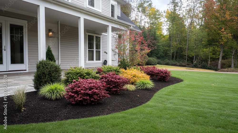 Beautiful suburban house with a landscaped front yard featuring colorful shrubs, lush green grass, and trees in a tranquil neighborhood. Beautiful suburban house with a landscaped front yard featuring colorful shrubs, lush green grass, and trees in a tranquil neighborhood.