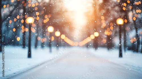 Snowcovered street with festive decorations, lampposts glowing, soft golden hour light, peaceful atmosphere, wideangle view