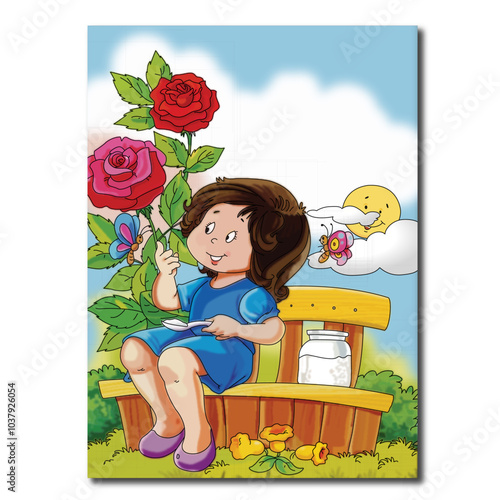 A Baby sits on a bench in a rose garden