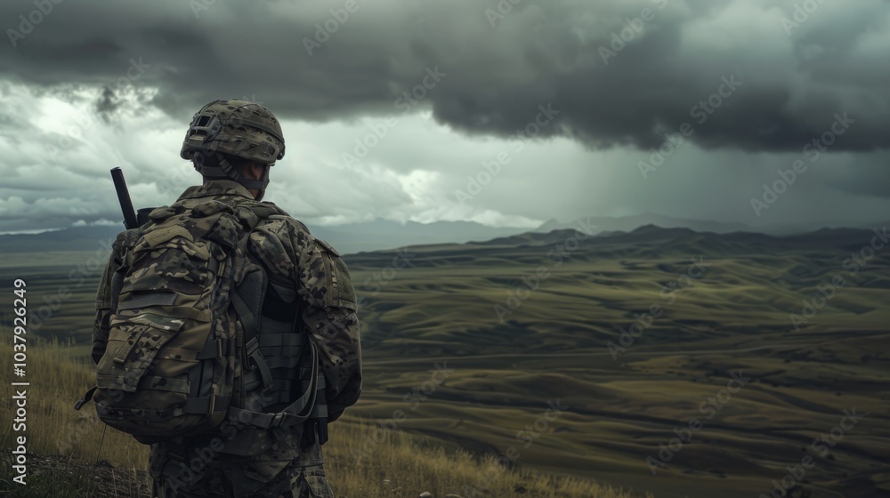 Soldier Overlooking a Scenic Landscape Soldier Overlooking a Scenic Landscape