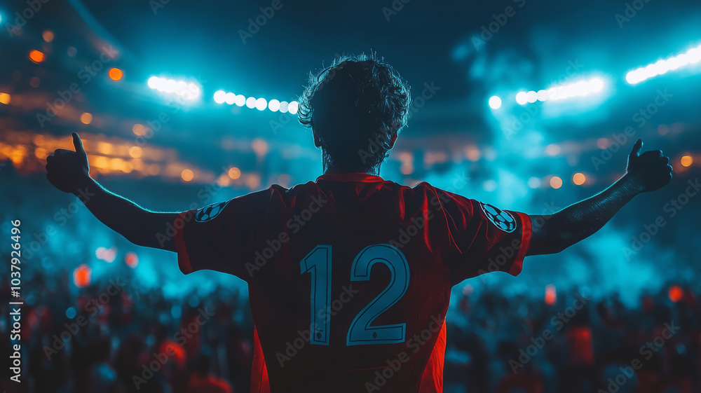a soccer fan celebrating in a crowd wearing a football shirt with no. 12 on the back.