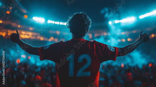 Obraz na płótnie a soccer fan celebrating in a crowd wearing a football shirt with no. 12 on the back. w salonie
