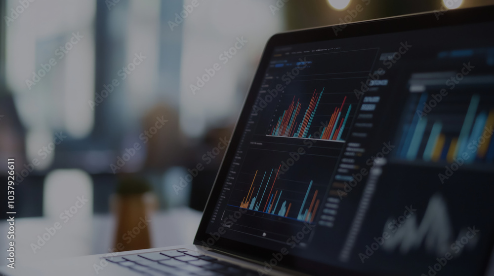 Fototapeta premium A detailed view of business graphs displayed on a laptop screen, capturing data analysis in progress, with a subtle blur of office dÃ©cor and colleagues in the background.
