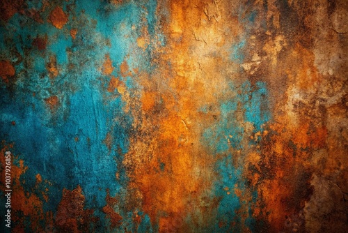 Moody and grainy background texture in rich brown, orange, blue, and teal tones, ideal for vintage and grunge-inspired