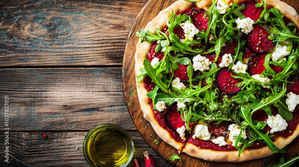 Beetroot pizza with goat cheese and arugula, isolated on a rustic wood background with olive oil drizzle Beetroot pizza with goat cheese and arugula, isolated on a rustic wood background with olive oil drizzle