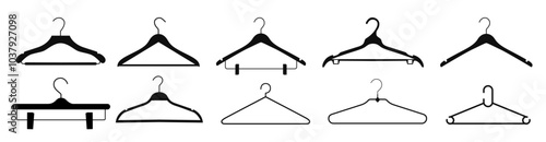 collection of clothes hanger silhouette vector illustrations. black silhouettes on white background show various shapes of clothes hangers.