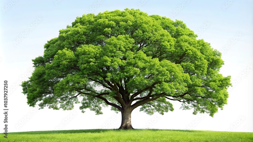 Tall isolated oak tree with green leaves against a blue sky Tall isolated oak tree with green leaves against a blue sky