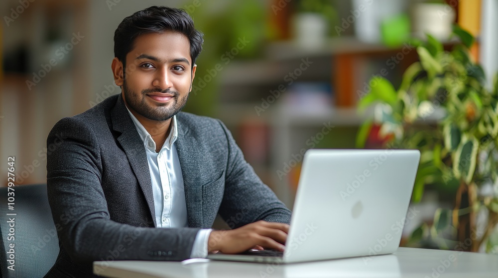 Smiling Indian Businessman and Student at Home Office: Virtual Training and Online Education Smiling Indian Businessman and Student at Home Office: Virtual Training and Online Education