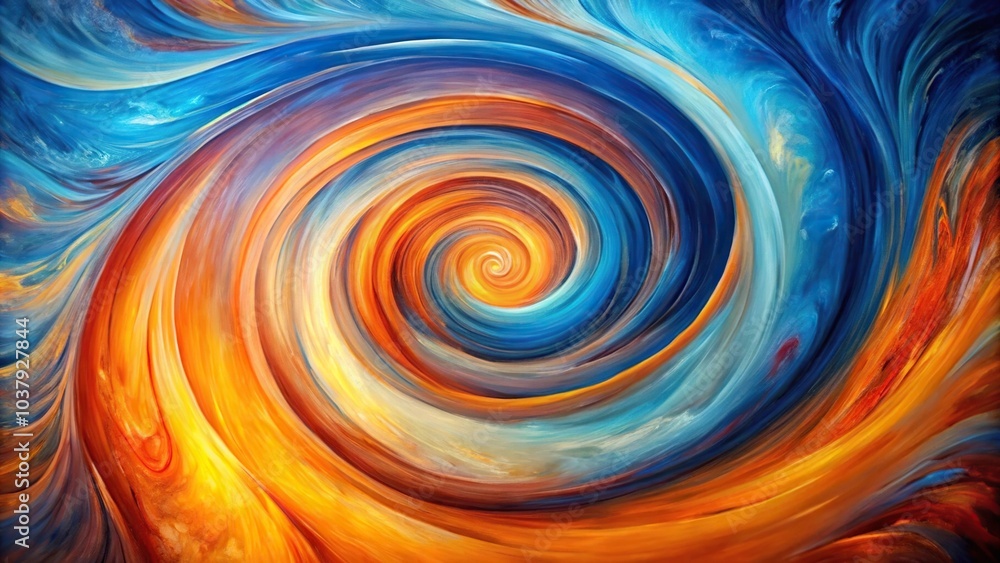 vibrant spiral painting reflected on blue and orange background vibrant spiral painting reflected on blue and orange background