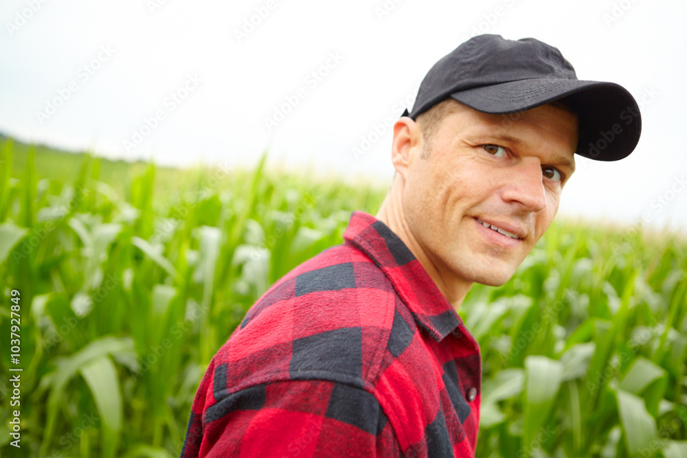 Man, farming and portrait with crops on field, smile and food production with sustainability in countryside. Person, farmer and small business owner for agriculture, inspection and growth in Spain Man, farming and portrait with crops on field, smile and food production with sustainability in countryside. Person, farmer and small business owner for agriculture, inspection and growth in Spain