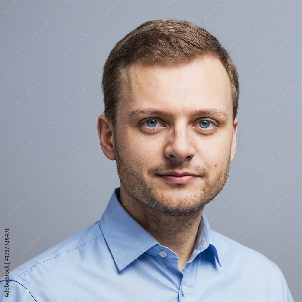 Confident young businessman portrait with blue eyes and light shirt on a gray background Confident young businessman portrait with blue eyes and light shirt on a gray background