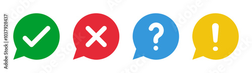 green check and red cross symbols, blue question mark and yellow exclamation point, round speech bubble solid fill vector icons set