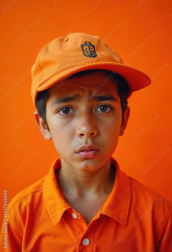 Young boy Playful Expression in Orange Monochrome Young boy Playful Expression in Orange Monochrome