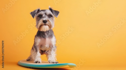 Miniature Schnauzer on Surfboard Against Yellow Background
