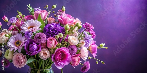 A vibrant bouquet of delicate pink and purple flowers, arranged in a clear vase, stands out against a soft purple backdrop.