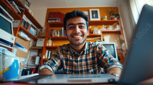 Energetic Indian Professional Engaged in Remote Work and Online Learning from Home Office