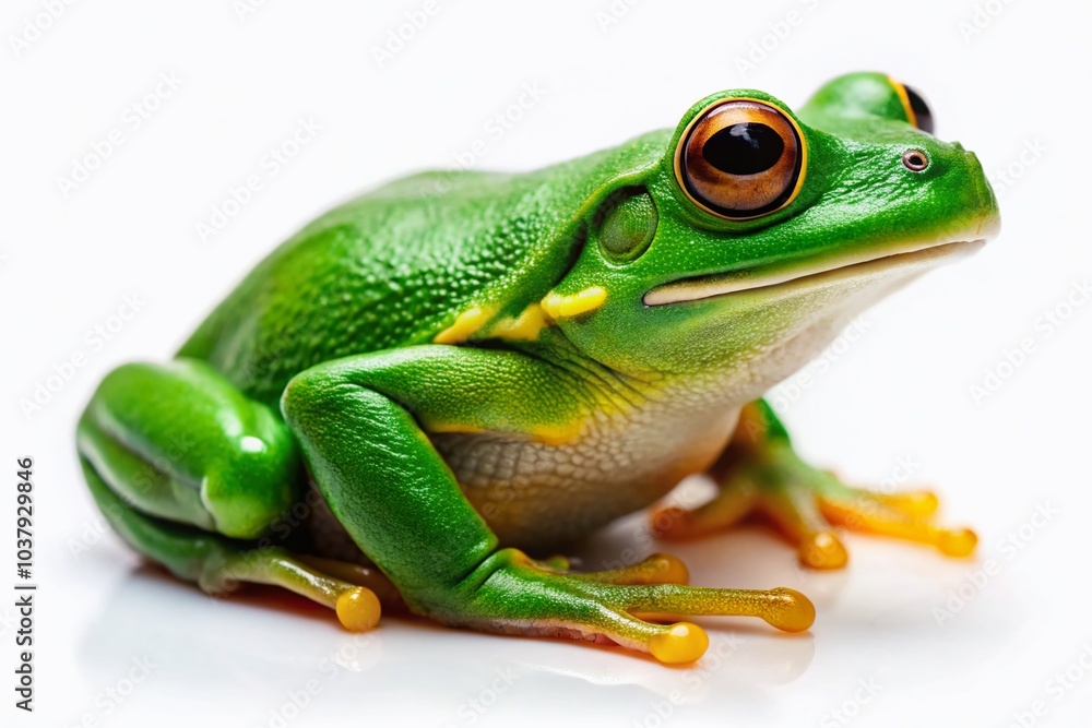 Radiant green frog on a white backdrop, perfect for nature and wildlife art, highlighting its striking colors and Radiant green frog on a white backdrop, perfect for nature and wildlife art, highlighting its striking colors and